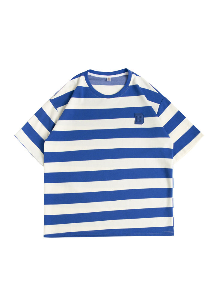 New Blue O Neck Striped Cotton Men's Grunt Style T Shirts Summer QH014 MENT241019