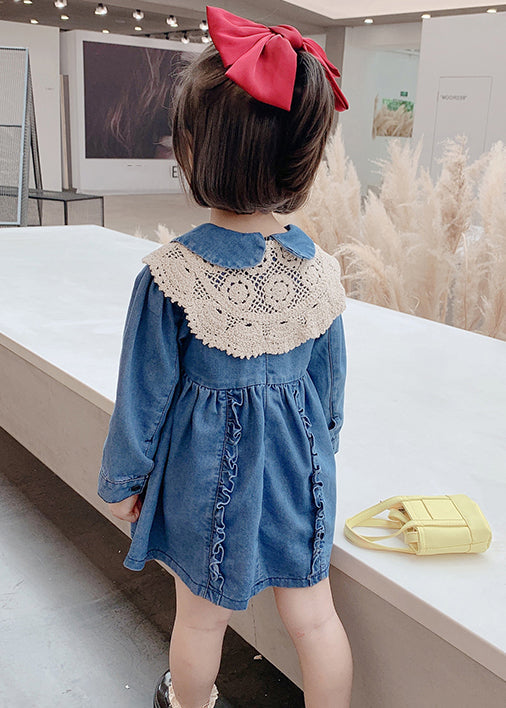 New Blue Peter Pan Collar Ruffled Denim Girls Mid Dresses Long Sleeve XZ073 FALL-MM-RCTZ-FDGM240618