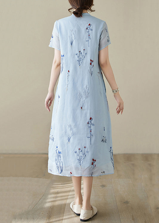 New Blue Print Pockets Linen Long Dress Summer JH066 MMDM-SDL240717