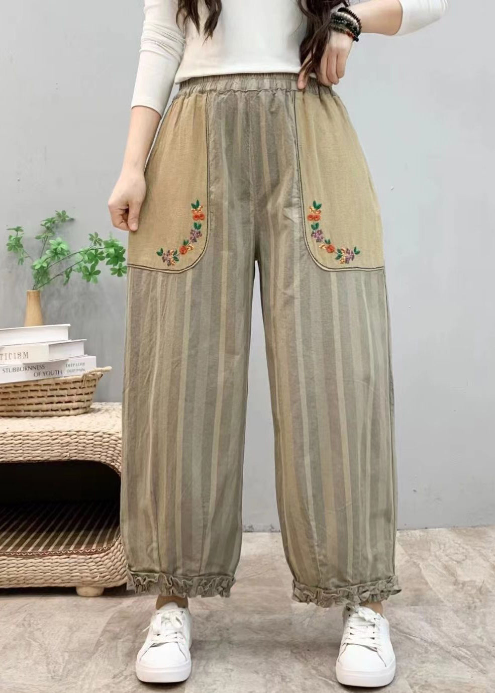 New Blue Ruffled Pockets Elastic Waist Cotton Crop Pants Summer VV054 HS-CPTS240627