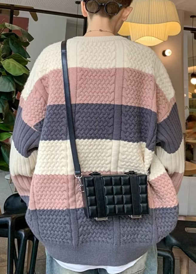 New Blue Striped Cozy Patchwork Knit Men Sweater Fall QH031 MENSW241019