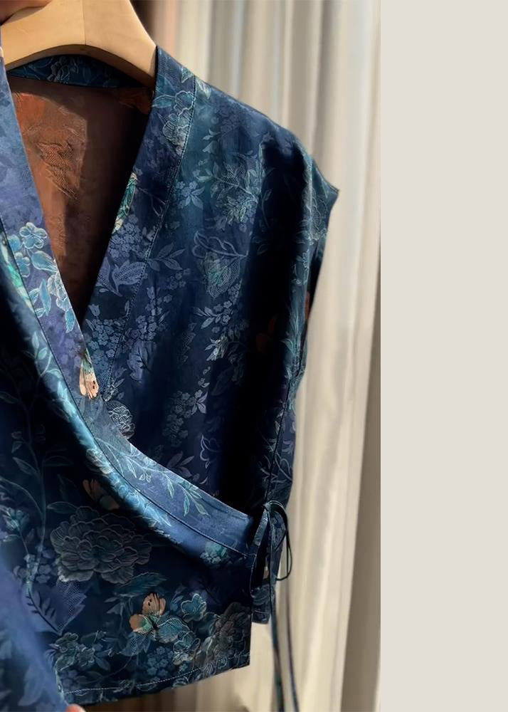 V Shirt Blue Lace Up Summer Silk Neck Print New FashionChic