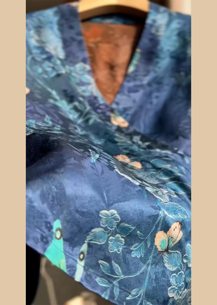 V Shirt Blue Lace Up Summer Silk Neck Print New FashionChic