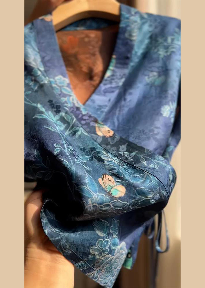 V Shirt Blue Lace Up Summer Silk Neck Print New FashionChic