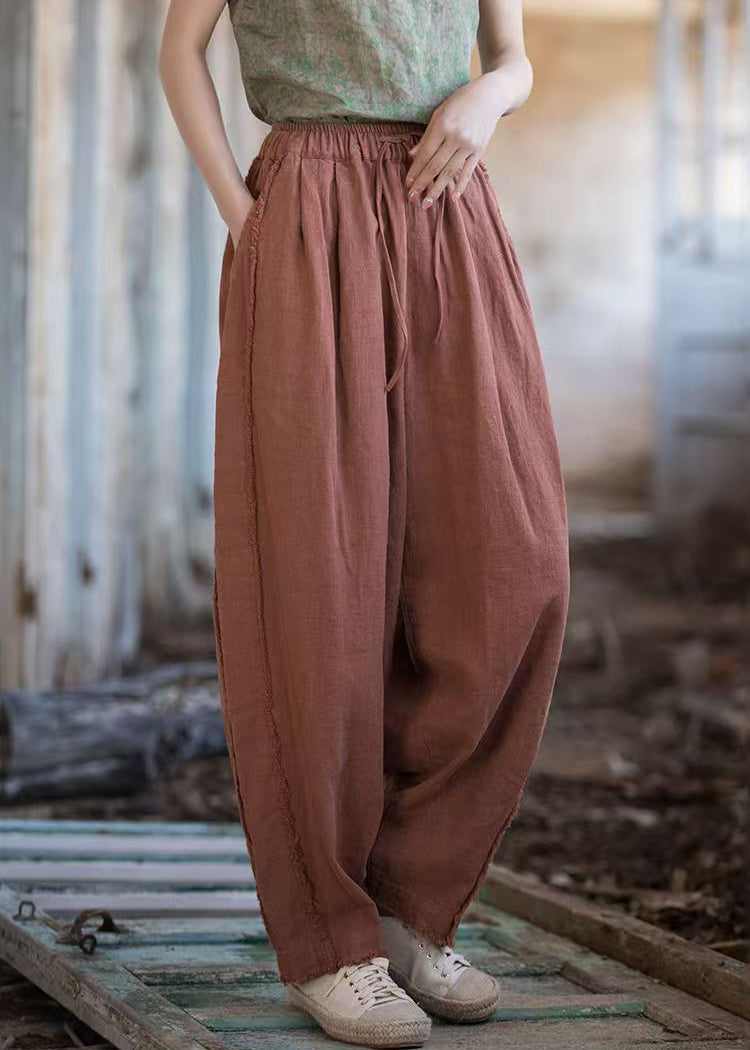 New Brick Red Pockets Drawstring Linen Pants Summer QE028 MZF-LPTS240927