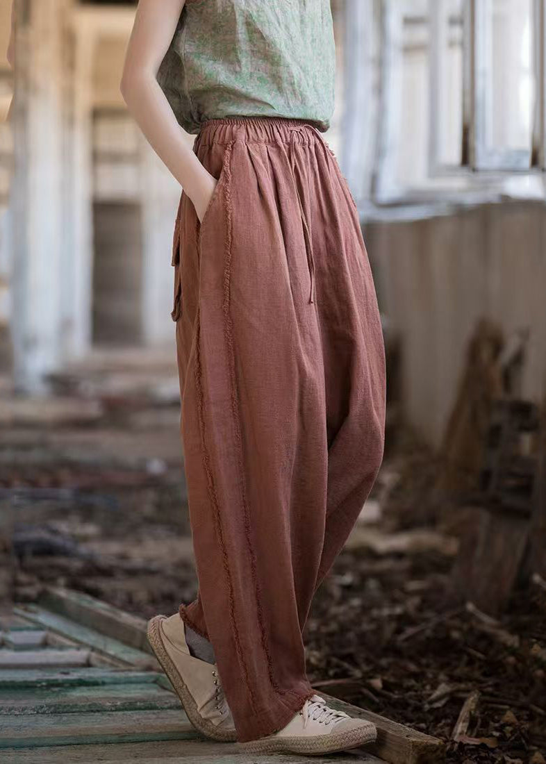 New Brick Red Pockets Drawstring Linen Pants Summer QE028 MZF-LPTS240927