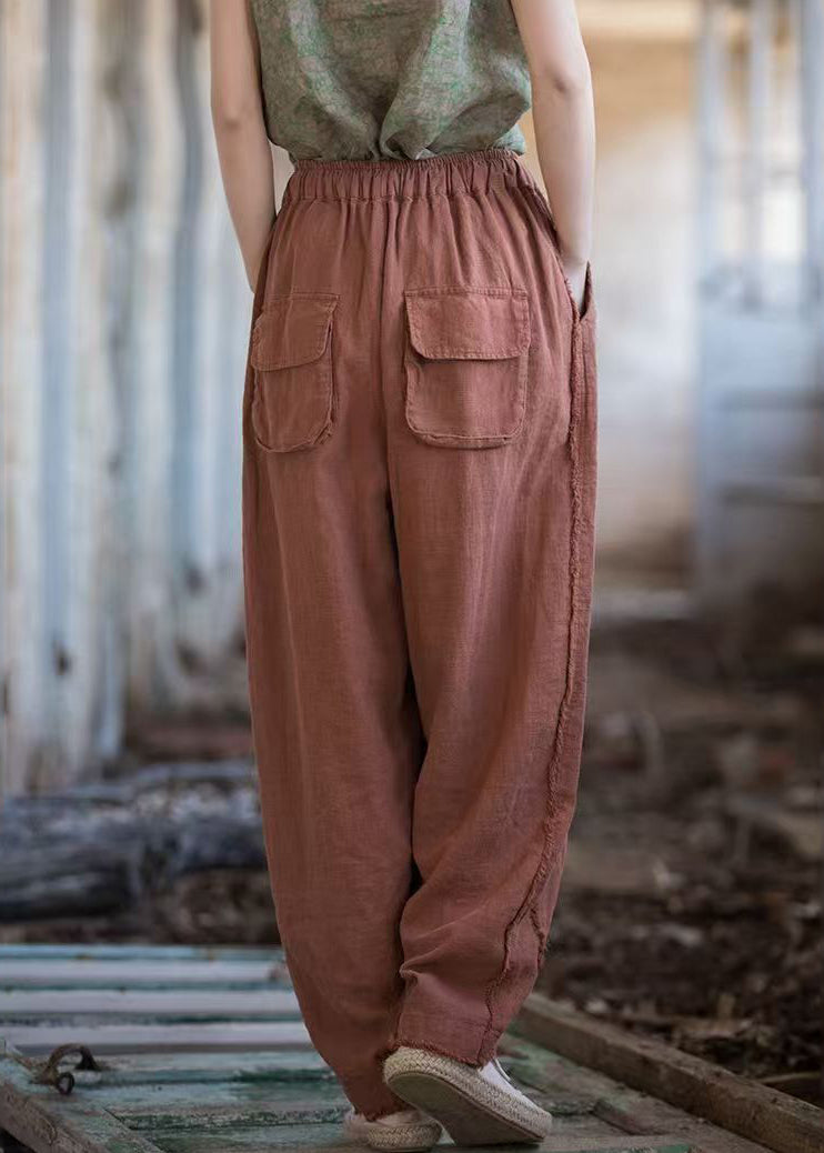 New Brick Red Pockets Drawstring Linen Pants Summer QE028 MZF-LPTS240927
