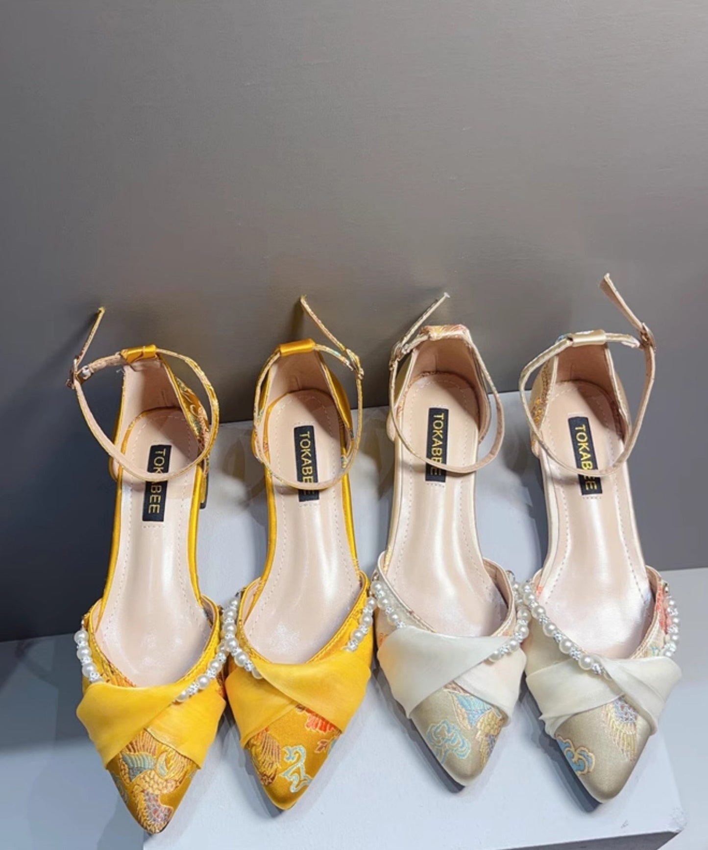 Chunky Pearl Pointed Embroidered Sandals New Heel Chinese Yellow FashionChic