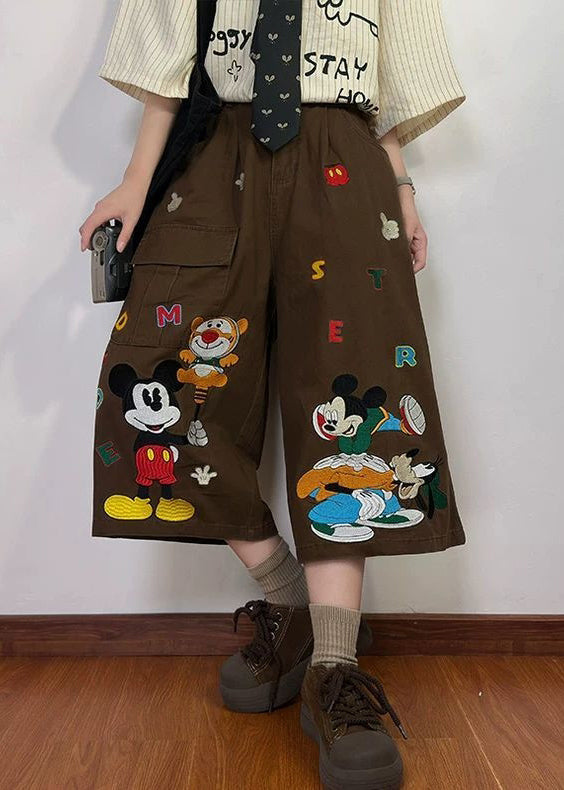 Print Summer New Coffee Pants Mens Denim Crop Cartoon Pockets FashionChic
