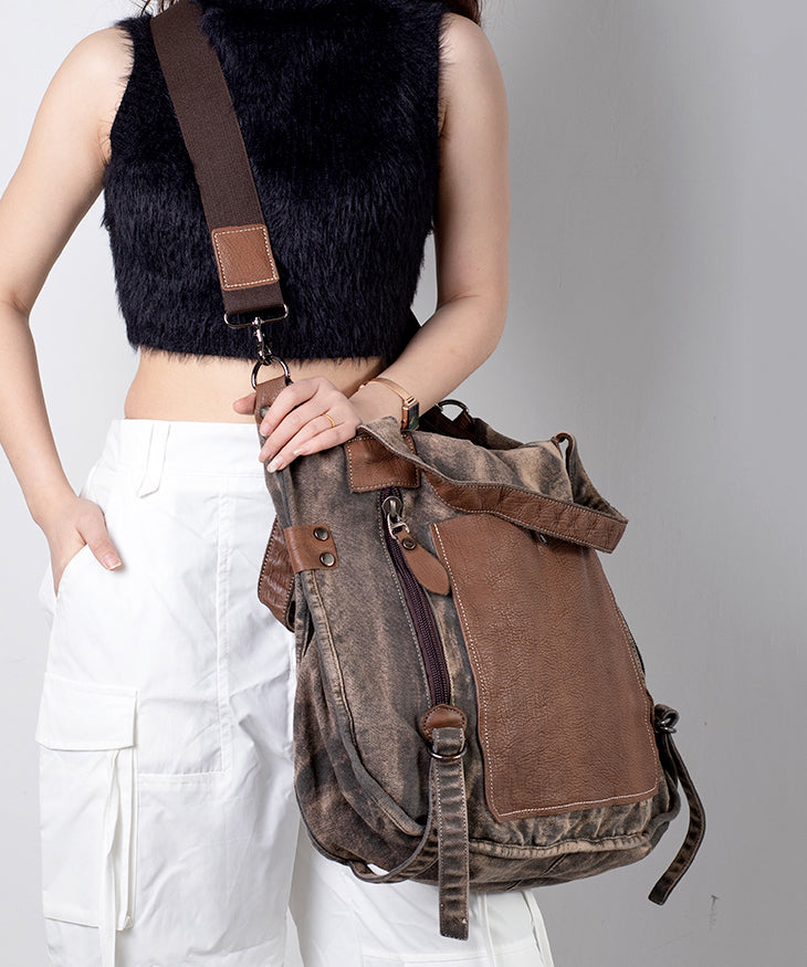 New Coffee Large Capacity Cowhide Spliced Canvas Satchel Bag Handbag MM049 Bag-BGS240620
