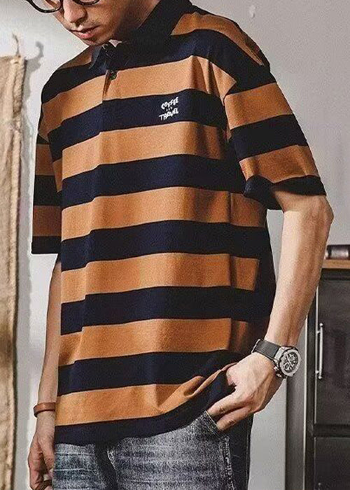 Mens New Print Coffee Shirt Summer Polo Striped Cotton FashionChic