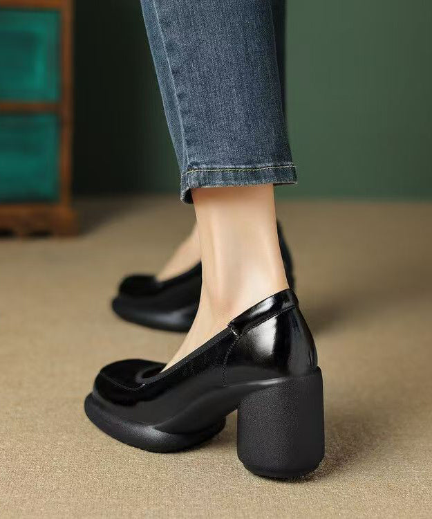 Dark Leather Heel Splicing High Cowhide Grey Heels New Chunky FashionChic