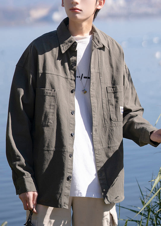 Peter Dark New Collar Gray Mens Button Cotton Pan Pockets Shirts FashionChic