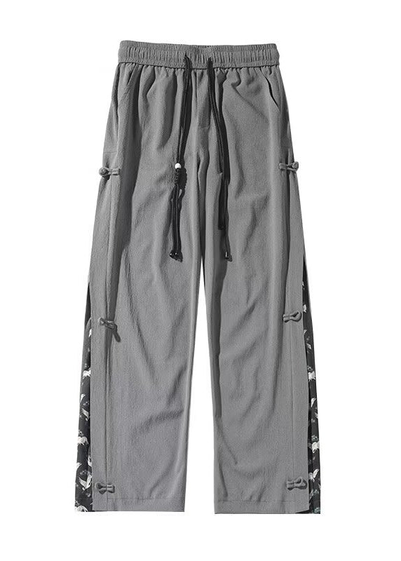 New Dark Grey Chinese Button Ice Silk Men's Straight Leg Pants Summer YT053 Men-Silk-MENP240721