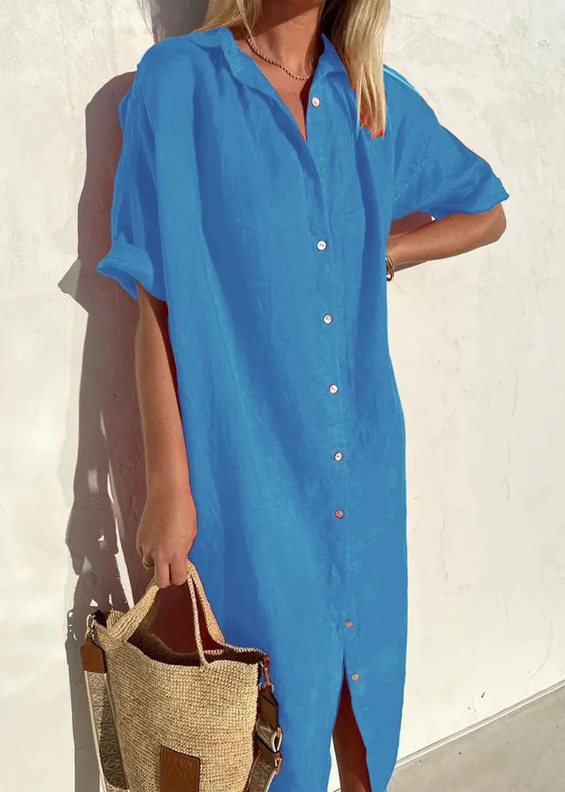 New Dark Grey Peter Pan Collar Button Cotton Blouse Dress Summer FF030 MZF-SDL240607