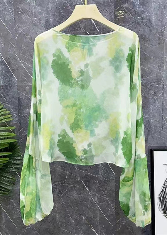New Green Lace Up Print Chiffon Shirts Long Sleeve XX042 SH-LF-LTP240611