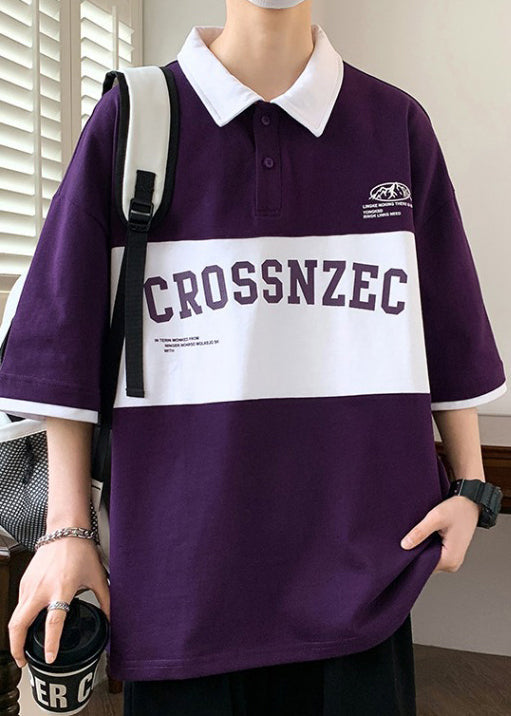 Sleeve New Green Cotton Letter Polo Half Shirt Men Patchwork FashionChic