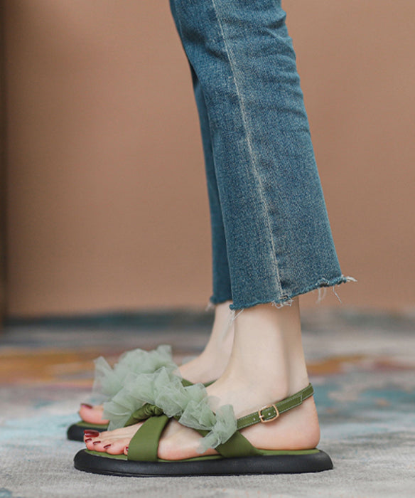New Green Peep Toe Strap Tulle Splicing Genuine Leather Sandals RT1058 Ada Fashion
