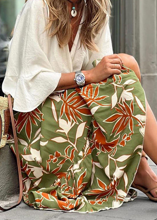 New Green Print Elastic Waist Cotton Maxi Skirts Summer BB050 Hawaii-SKTS240622