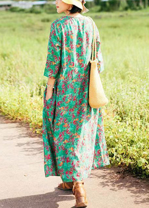 New Green Print Pockets Linen Dress Bracelet Sleeve RE027 MZF-FDL240807