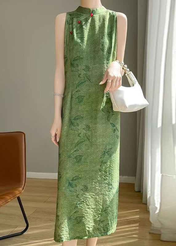 Open Print Silk Dress Long Sleeveless Cotton Side Green New FashionChic
