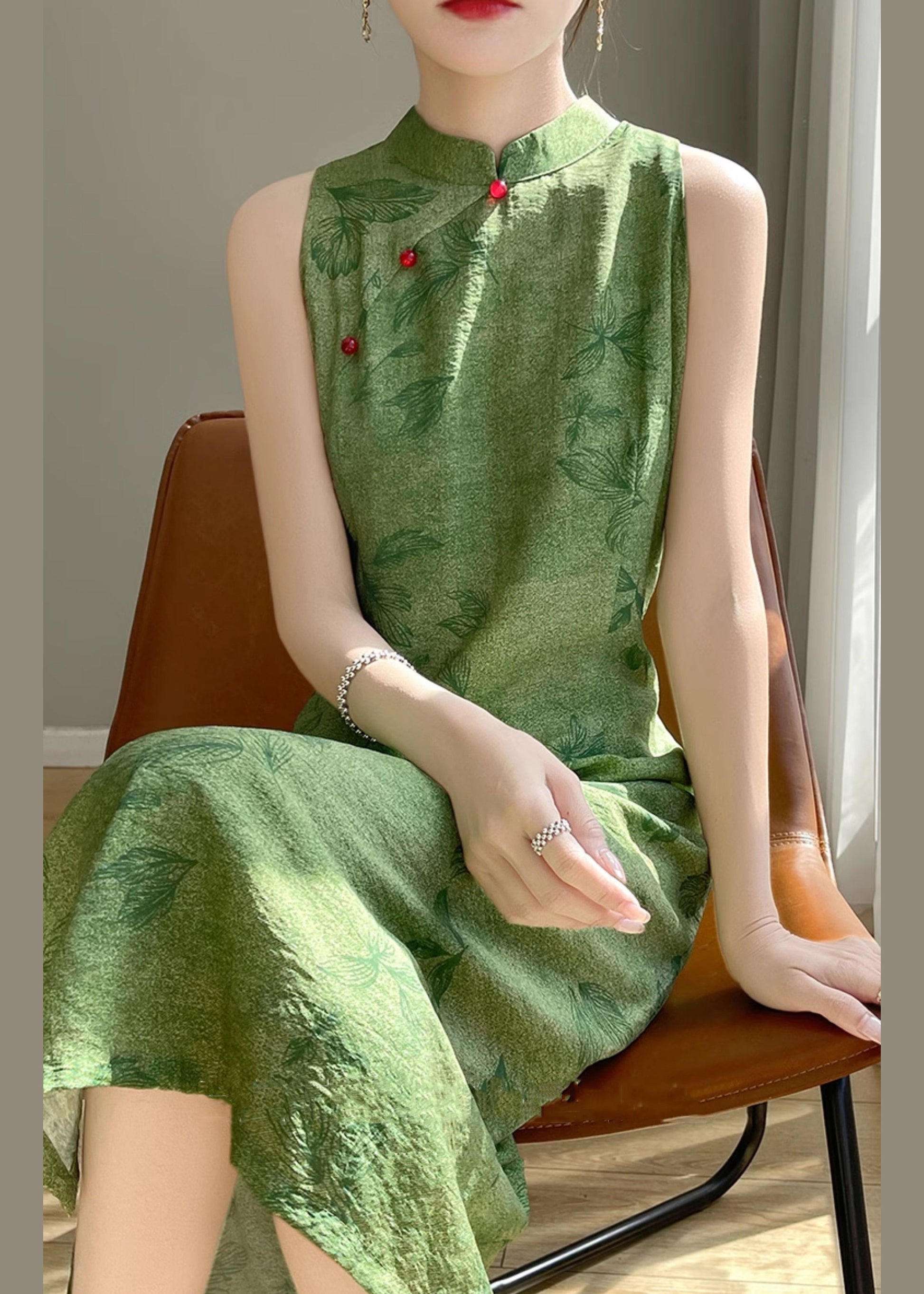 Open Print Silk Dress Long Sleeveless Cotton Side Green New FashionChic