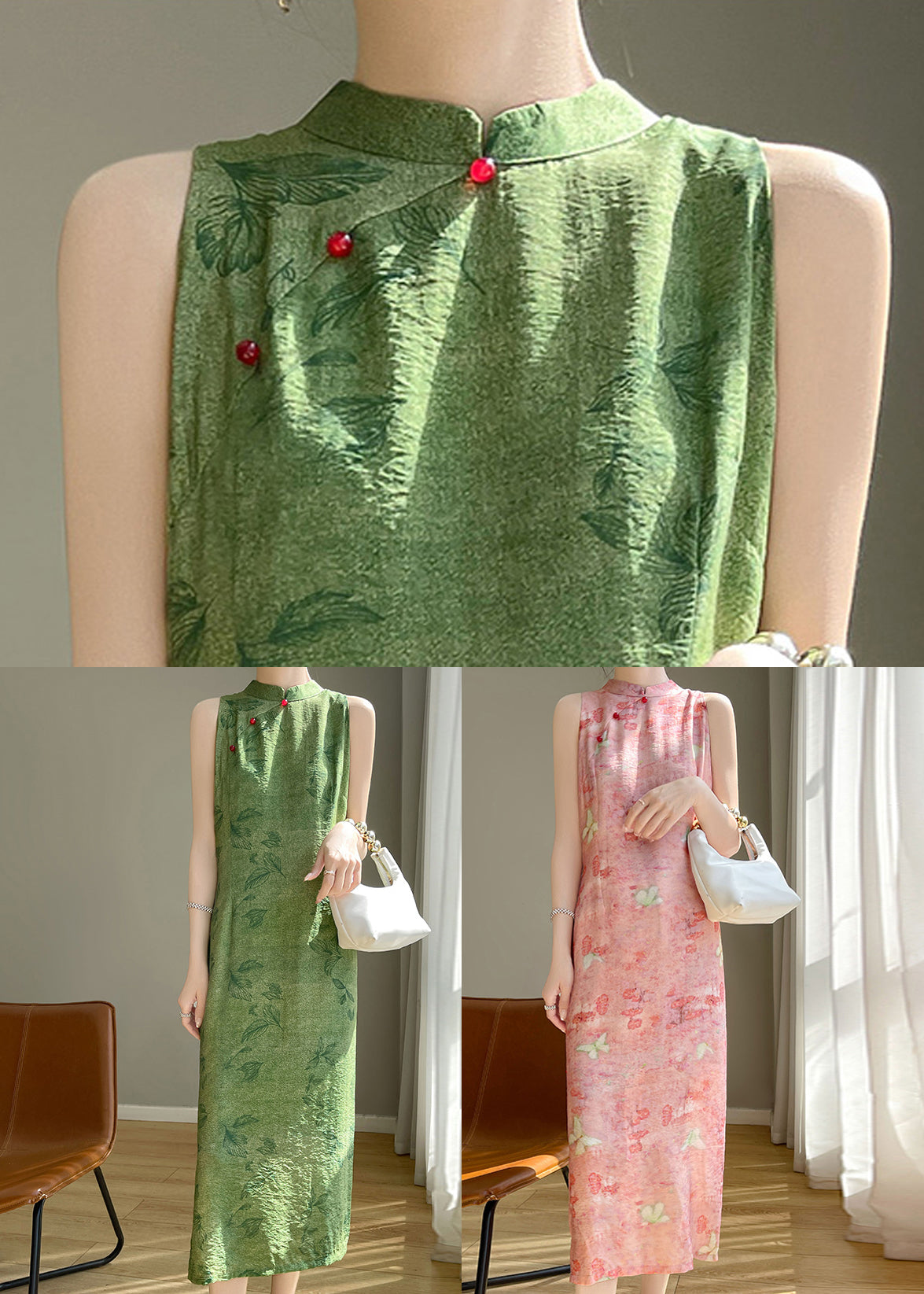Open Print Silk Dress Long Sleeveless Cotton Side Green New FashionChic