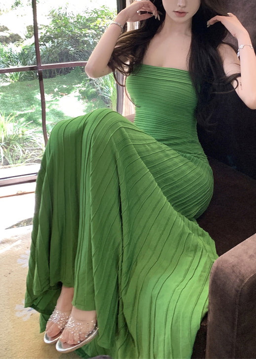 Wrinkled Cotton Green New Strapless knitting Dresses Long FashionChic