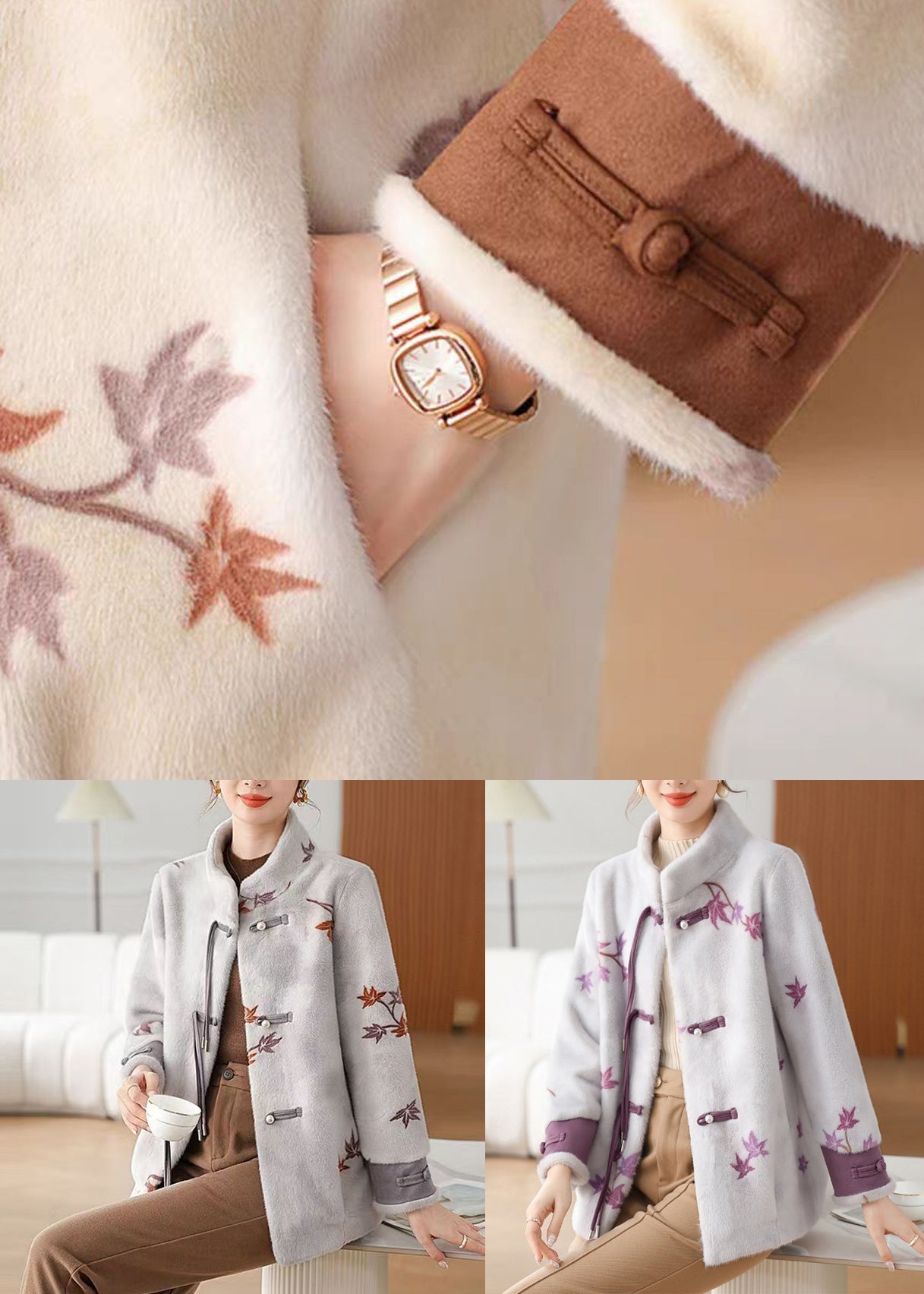 New Grey Button Pockets Mink Velvet Coat Winter RC012 ABC