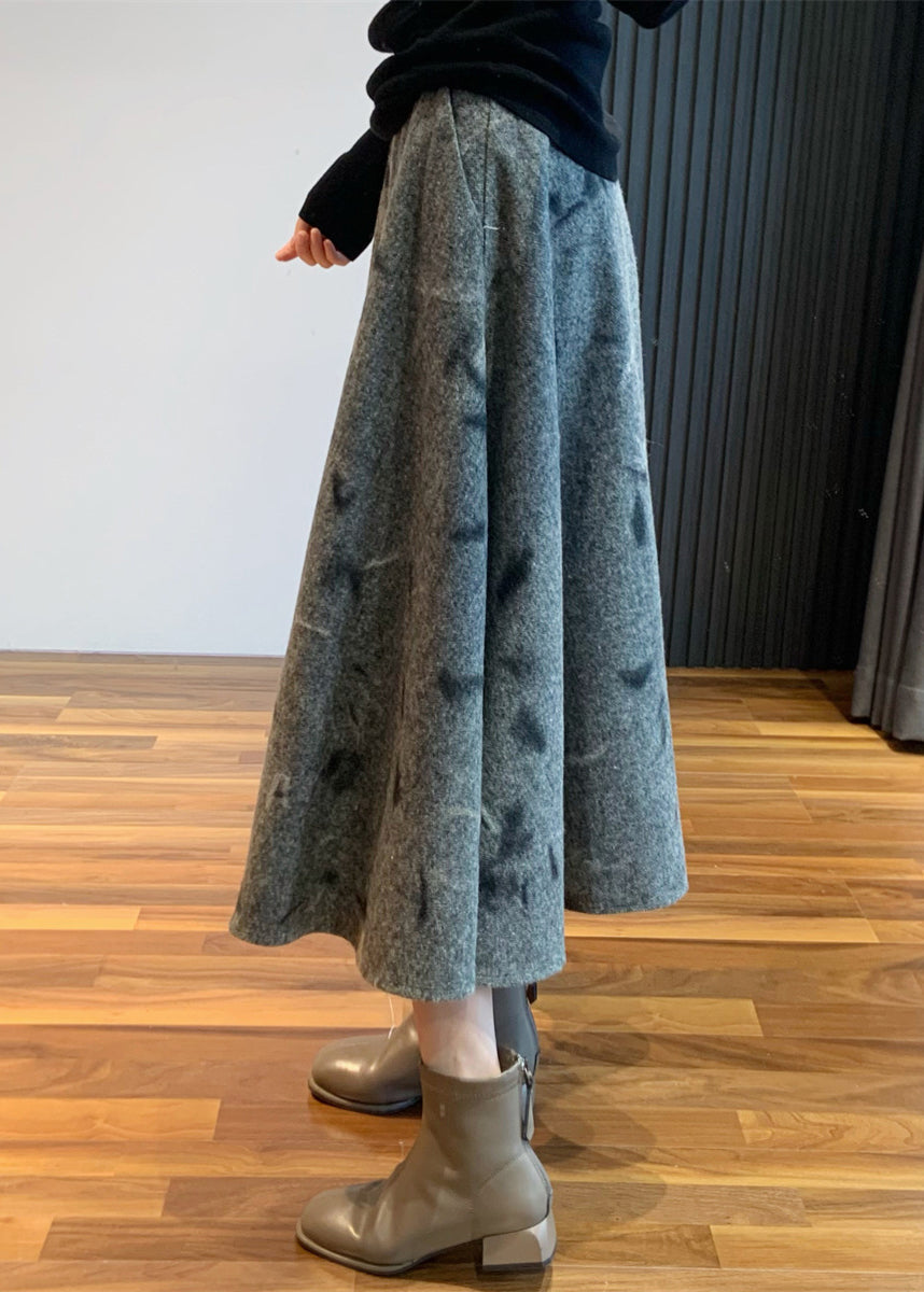 Grey Skirt Embroidered High Waist Woolen New Spring FashionChic