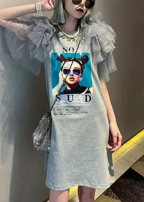Cotton New Dress Tulle Grey Shirts Patchwork Print T Summer FashionChic