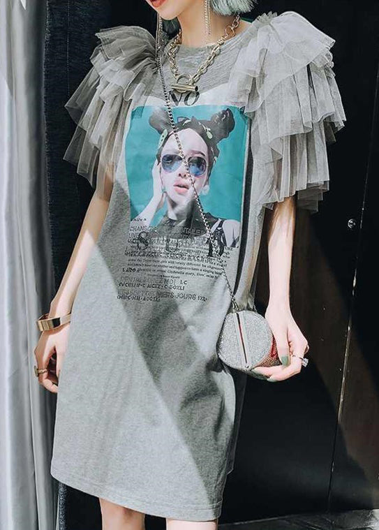 Cotton New Dress Tulle Grey Shirts Patchwork Print T Summer FashionChic