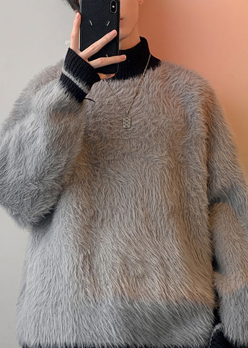New Grey Turtleneck Patchwork Mink Velvet Sweaters Men Winter RC034 ABC