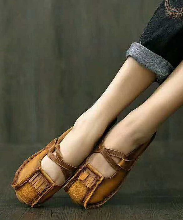 New Khaki Buckle Strap Cowhide Leather Flats Shoes RT1050 Ada Fashion