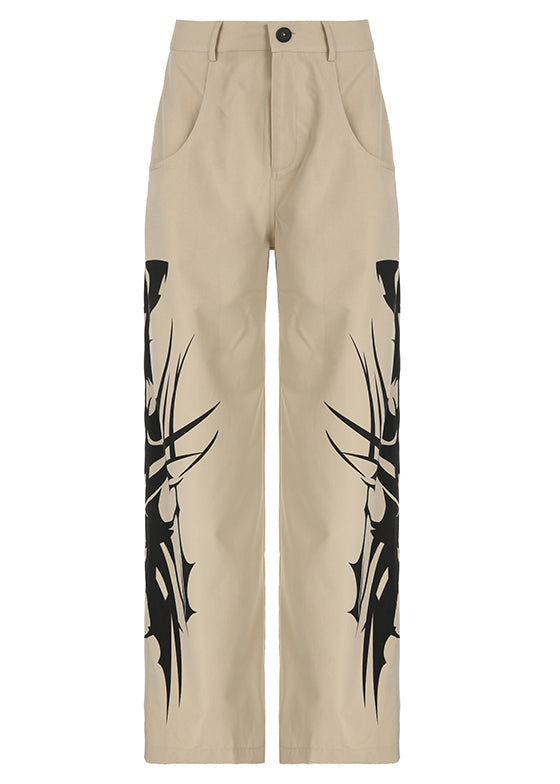 New Khaki Print Pockets High Waist Cotton Pants Summer PP007 OM-NZ240827