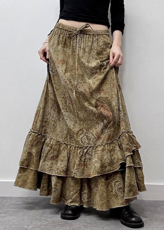 New Cotton Ruffled Elastic Khaki Waist Summer Maxi Skirts Print FashionChic