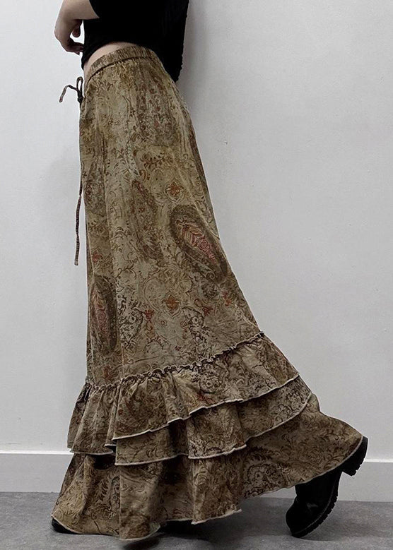 New Cotton Ruffled Elastic Khaki Waist Summer Maxi Skirts Print FashionChic