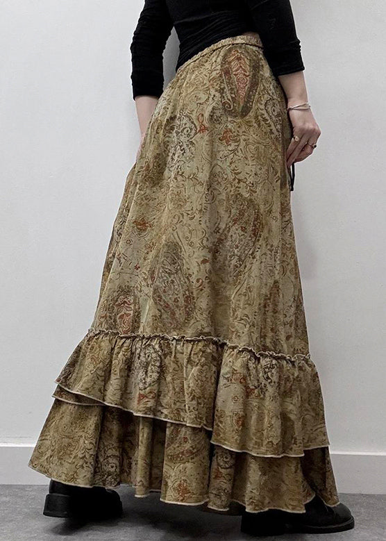 New Cotton Ruffled Elastic Khaki Waist Summer Maxi Skirts Print FashionChic