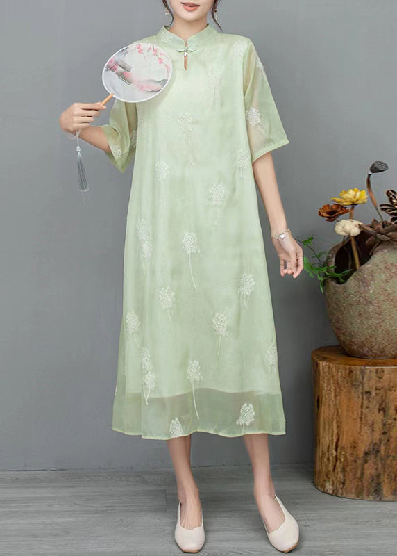 New Light Green Stand Collar Embroidered Linen Dress Half Sleeve JH033 MMDM-SDL240717