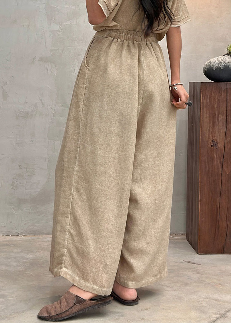 New Light Grey Pockets Elastic Waist Cotton Crop Pants Summer AU1063 MZF-240903