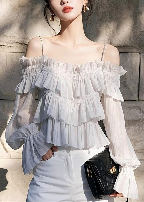 Light Chiffon Butterfly New Sleeve Blouses Grey Solid Ruffled FashionChic