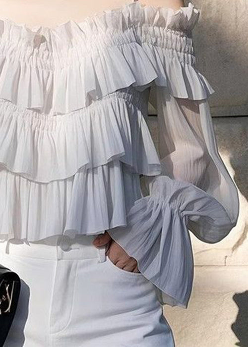 Light Chiffon Butterfly New Sleeve Blouses Grey Solid Ruffled FashionChic