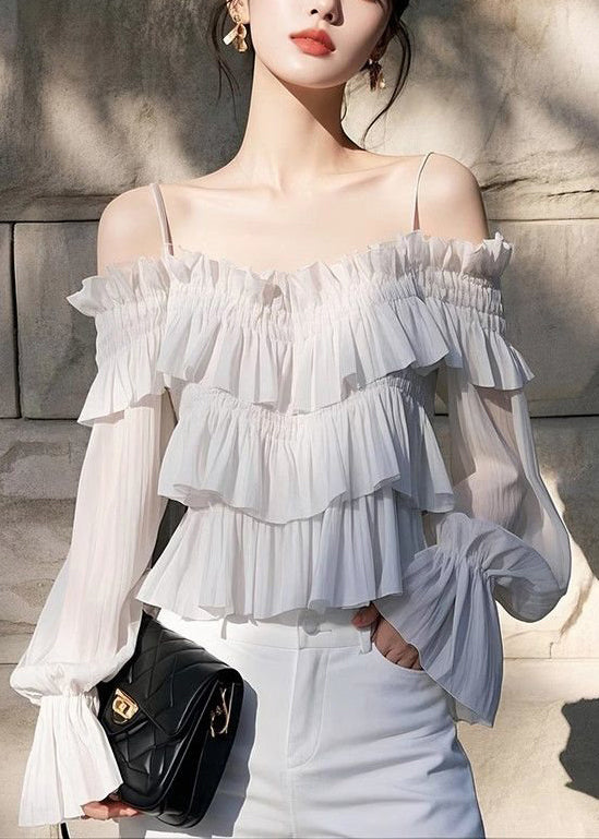 Light Chiffon Butterfly New Sleeve Blouses Grey Solid Ruffled FashionChic