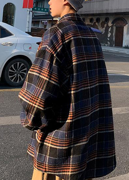 New Navy Peter Pan Collar Plaid Woolen Men Shirts Coat Fall RO007 ABC