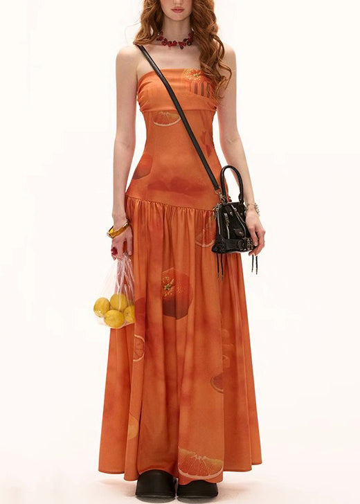 Side Open Maxi Orange Print Cotton Dresses New Wrinkled FashionChic