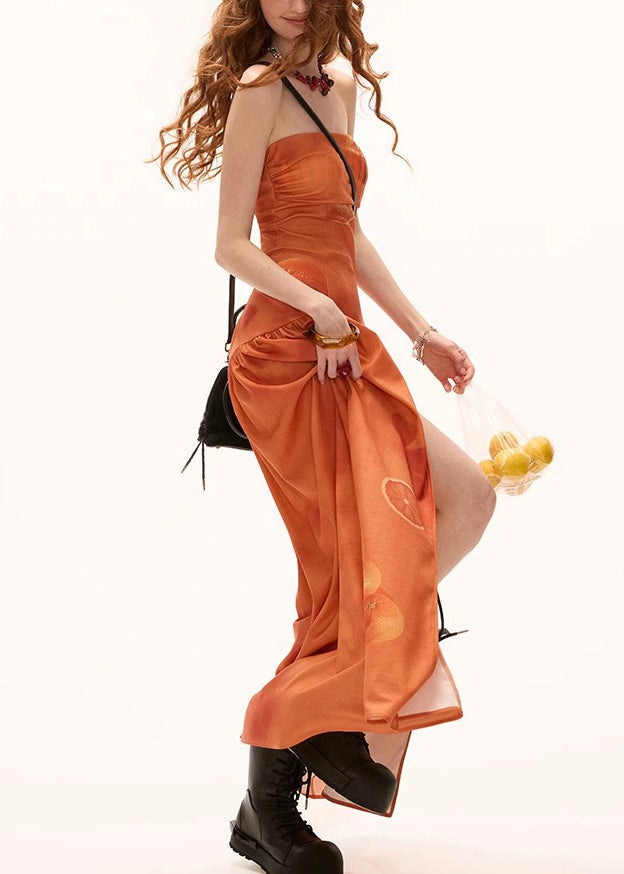 Side Open Maxi Orange Print Cotton Dresses New Wrinkled FashionChic
