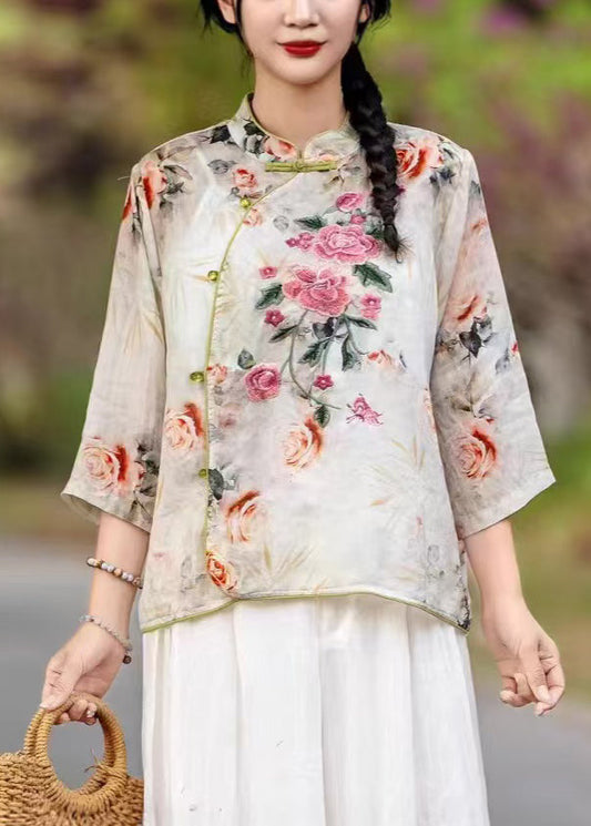 Orange Print Collar Stand Shirts New Fall Linen FashionChic