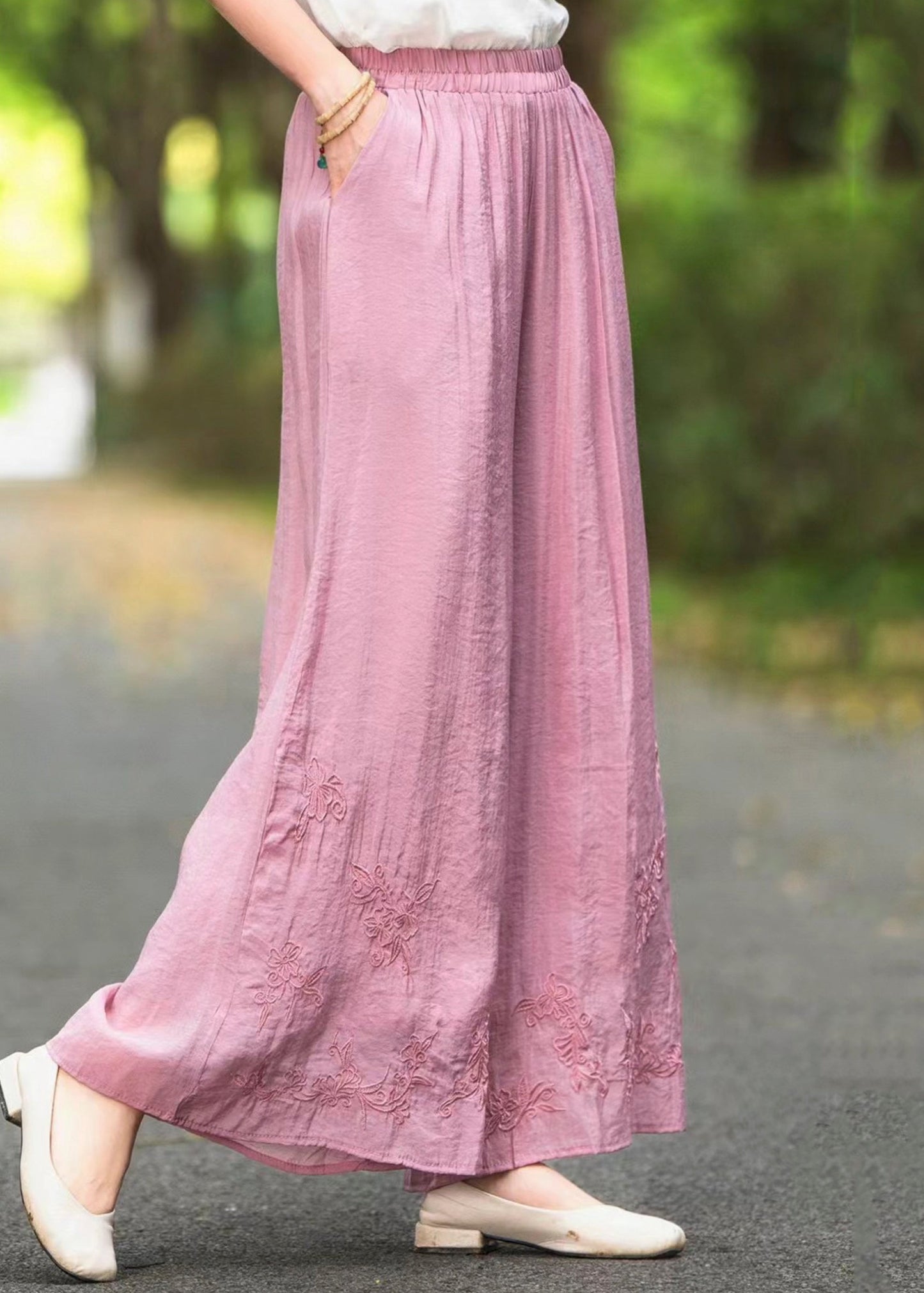 Elastic Silk Summer Pants Embroidered Waist Leg Wide Pink New FashionChic