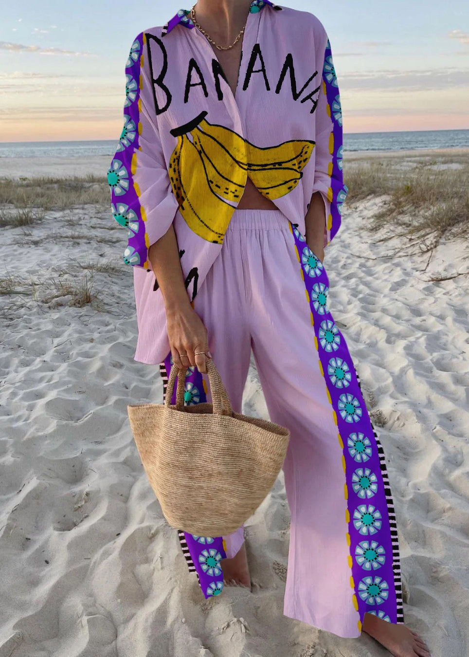 Spring Cotton Collar Set New Two Pink Peter Pieces Print Pan FashionChic