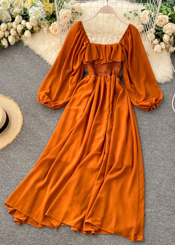 New Pink Square Collar Ruffled Chiffon Dress Fall TR026 ZS-FDL240730